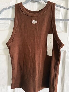 a new day Chocolate Brown Ribbed Tank with White Shell Accent